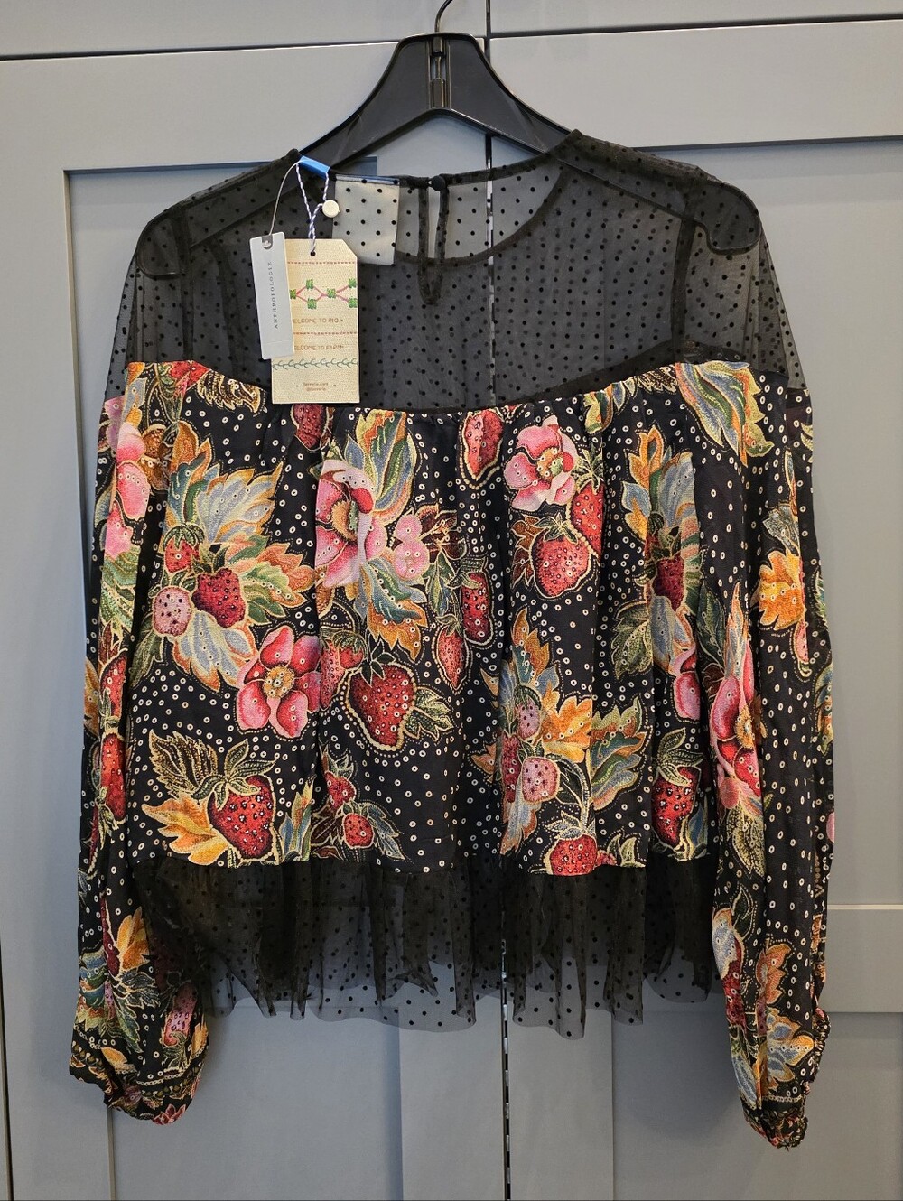 NWT Farm Rio x Anthropologie Sheer Mesh Polka Dot Floral Blouse Sz S Boho - Picture 6 of 11